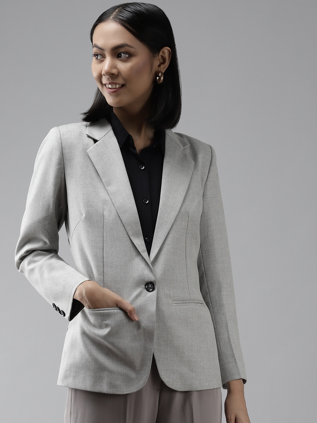 

Shaftesbury London Women Grey Solid Slim Fit Single-Breasted Blazer