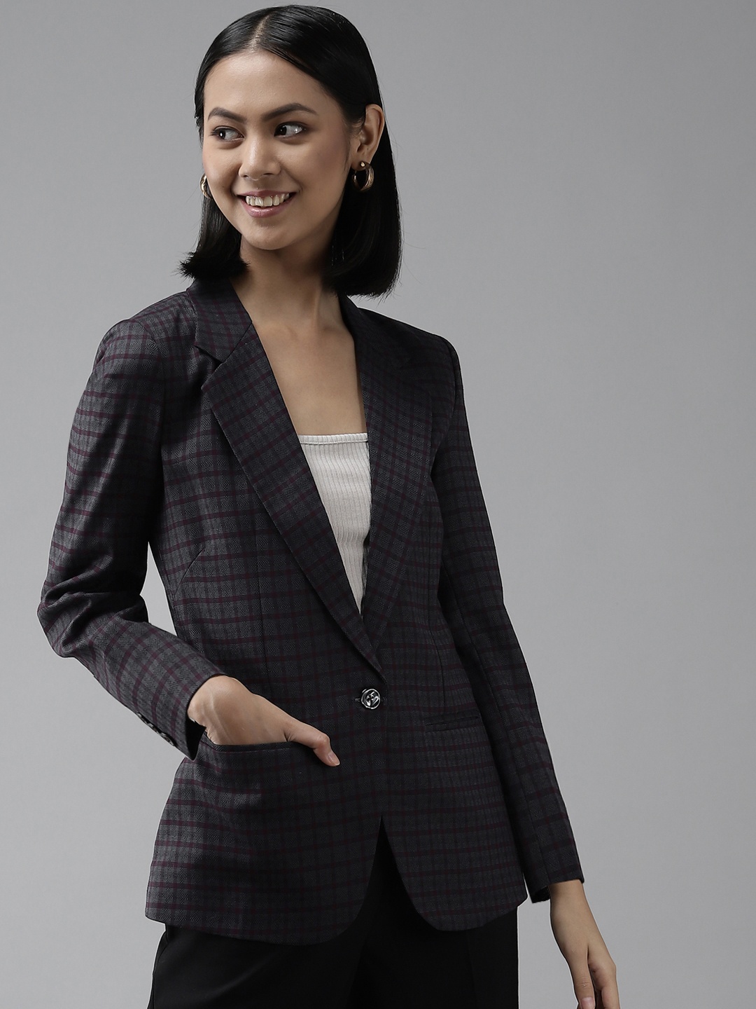 

Shaftesbury London Women Charcoal Grey Checked Formal Blazer