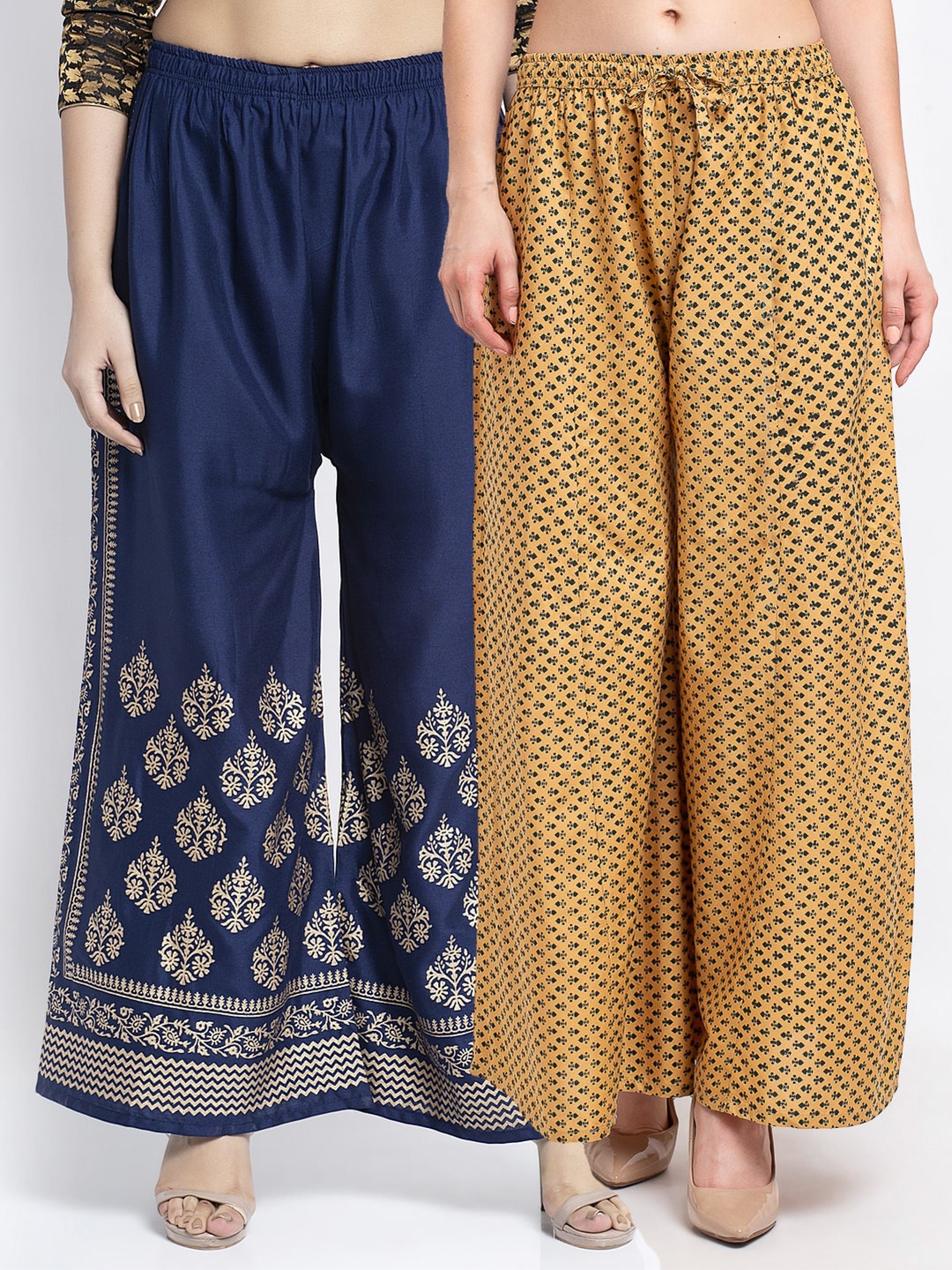 

Jinfo Women Navy Blue & Beige Set Of 2 Ethnic Motifs Printed Flared Ethnic Palazzos