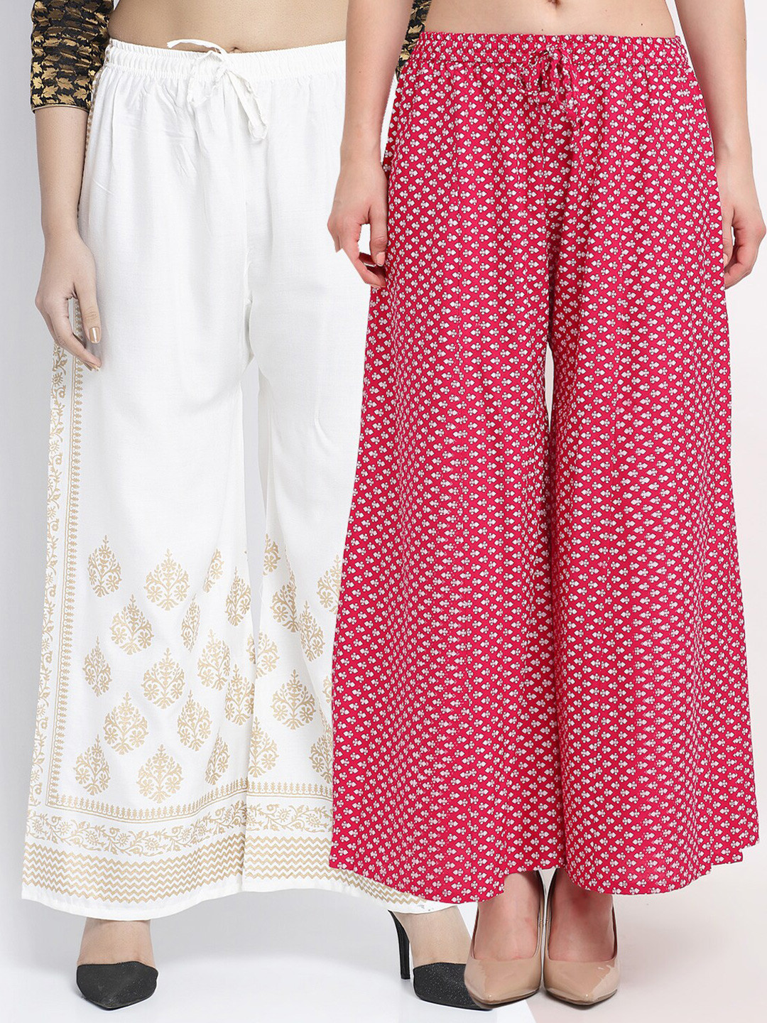 

Jinfo Women Pack Of 2 White & Pink Ethnic Motifs Printed Flared Knitted Ethnic Palazzos