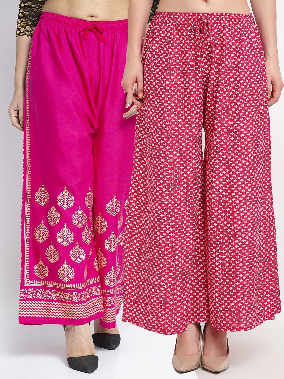 

Jinfo Women Pink & Cream Set of 2 Ethnic Motifs Block Printed Flared Ethnic Palazzos