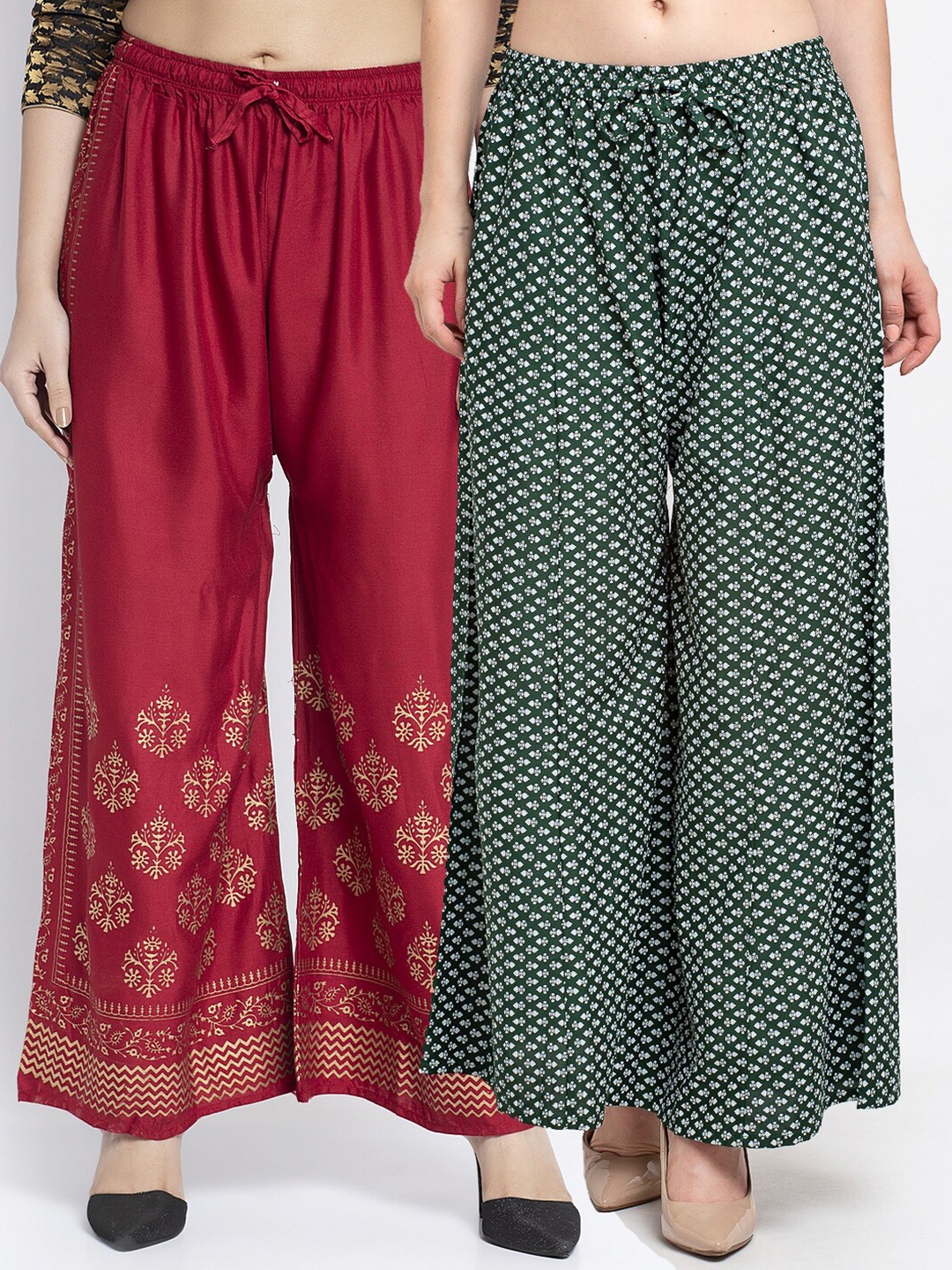 

Jinfo Women Maroon & Green Set Of 2 Printed Flared Knitted Ethnic Palazzos