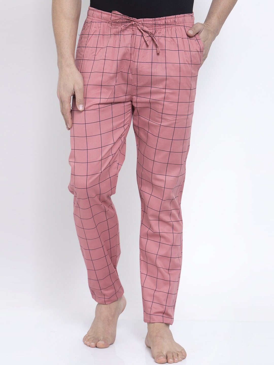 

JAINISH Men Pink & Black Checked Pure Cotton Lounge Pants