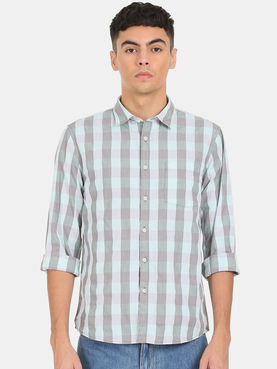 

Ruggers Men Mint Green & Grey Checked Cotton Casual Shirt