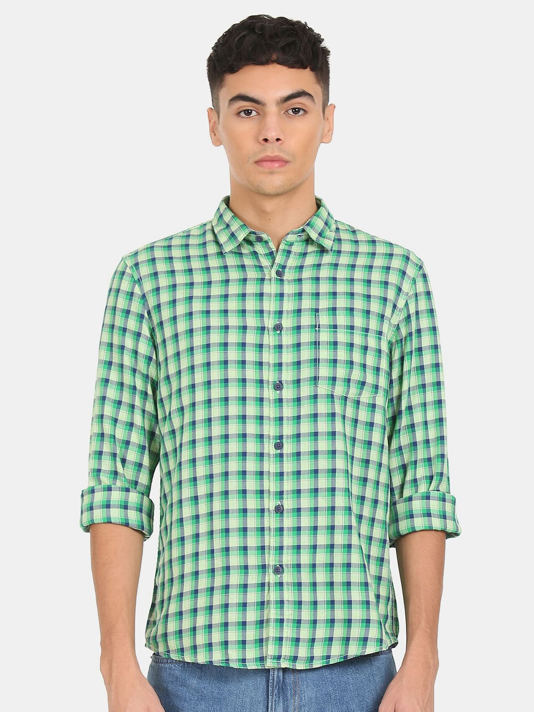 

Ruggers Men Green Gingham Checked Cotton Casual Shirt