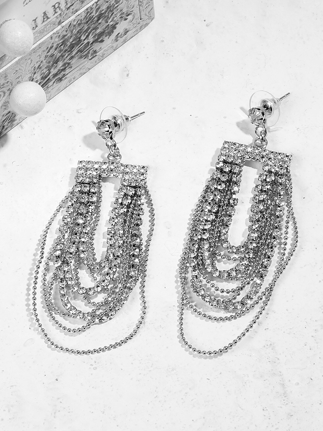 

Kazo Silver-Plated Contemporary Layered Embellished Danglers Drop Earrings