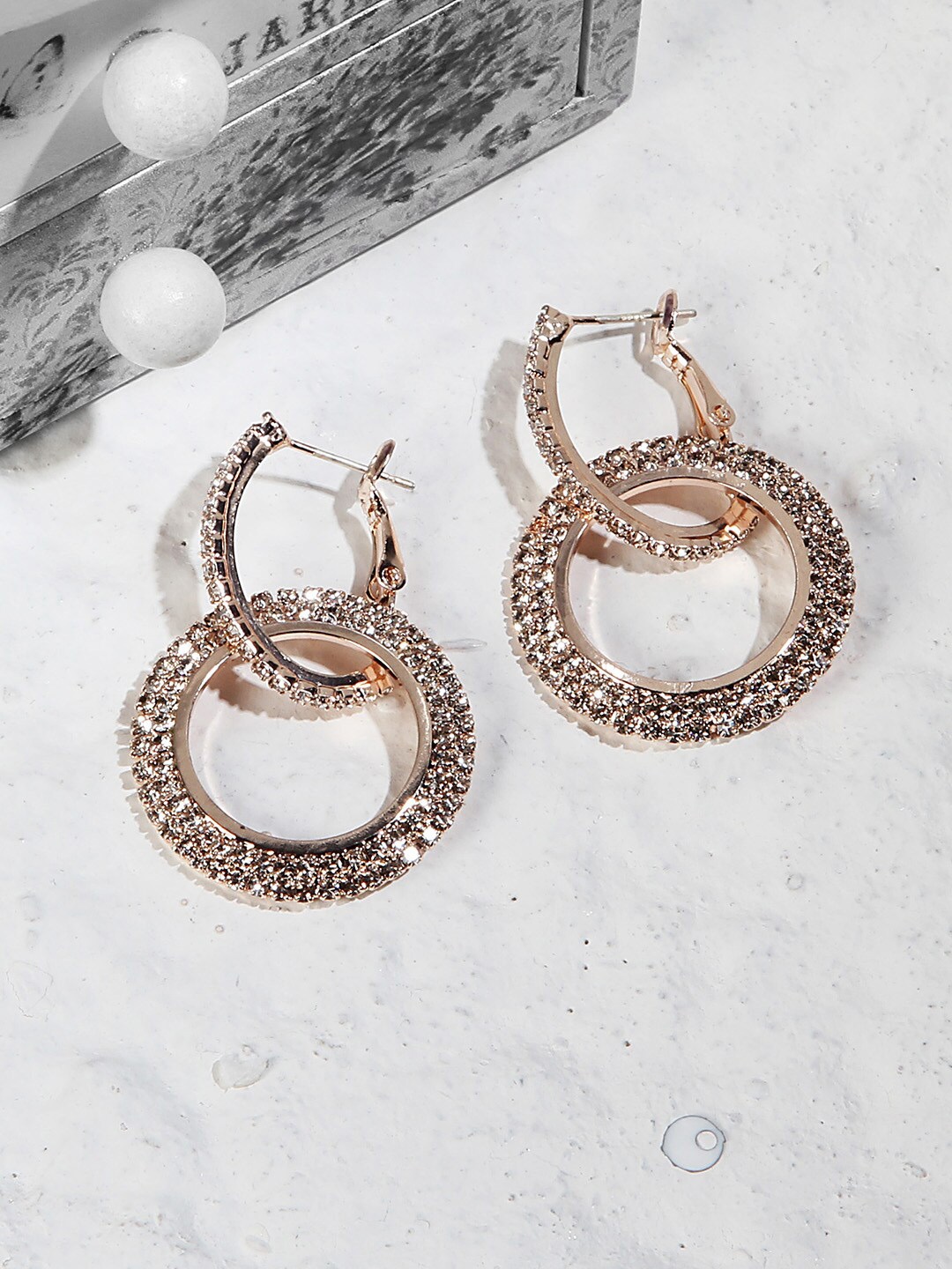 

Kazo Women Rose Gold Toned Embellished Contemporary Hoop Earrings