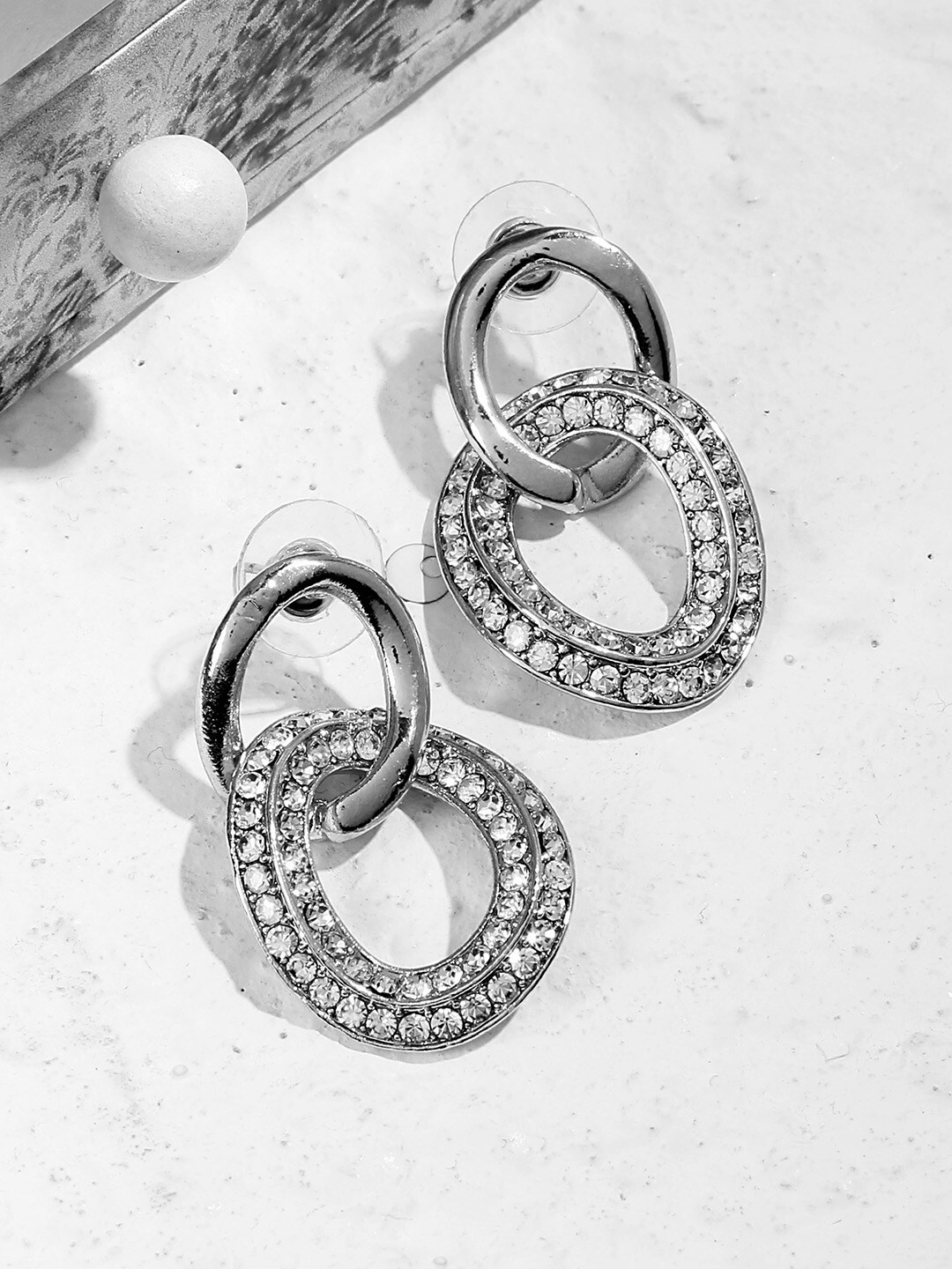

Kazo Women Silver-Toned & White Embellished Interlinked Contemporary Drop Earrings
