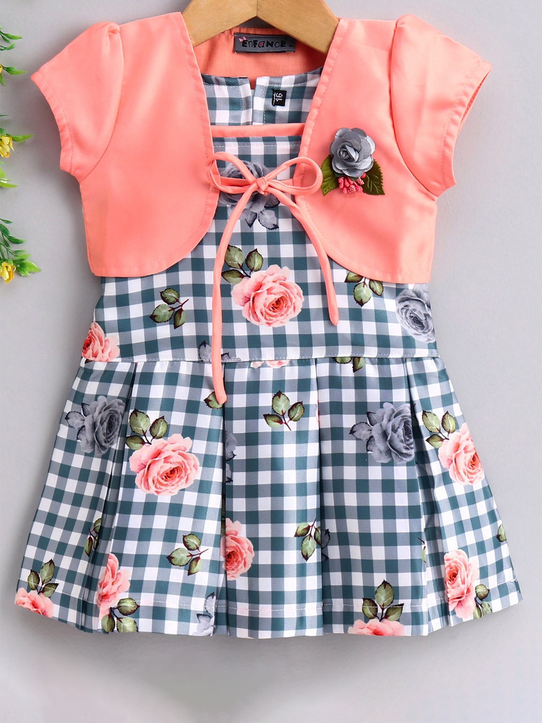 

Enfance Girls Grey & Peach-Coloured Checked Cotton Dress With Shrug