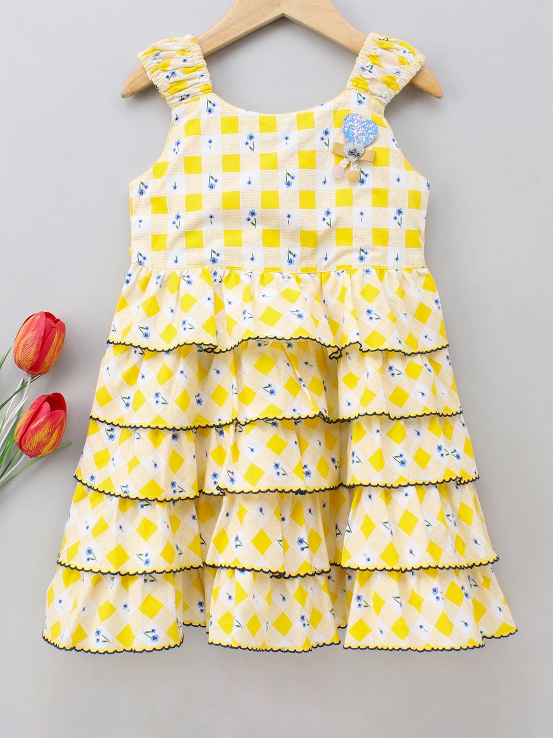 

Enfance Yellow & White Checked Tiered A-Line Dress