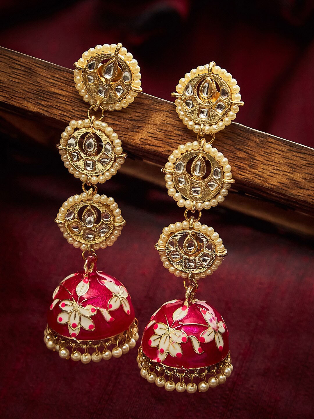 

SOHI Maroon Gold-Plated Contemporary Meenakari Jhumka Earrings