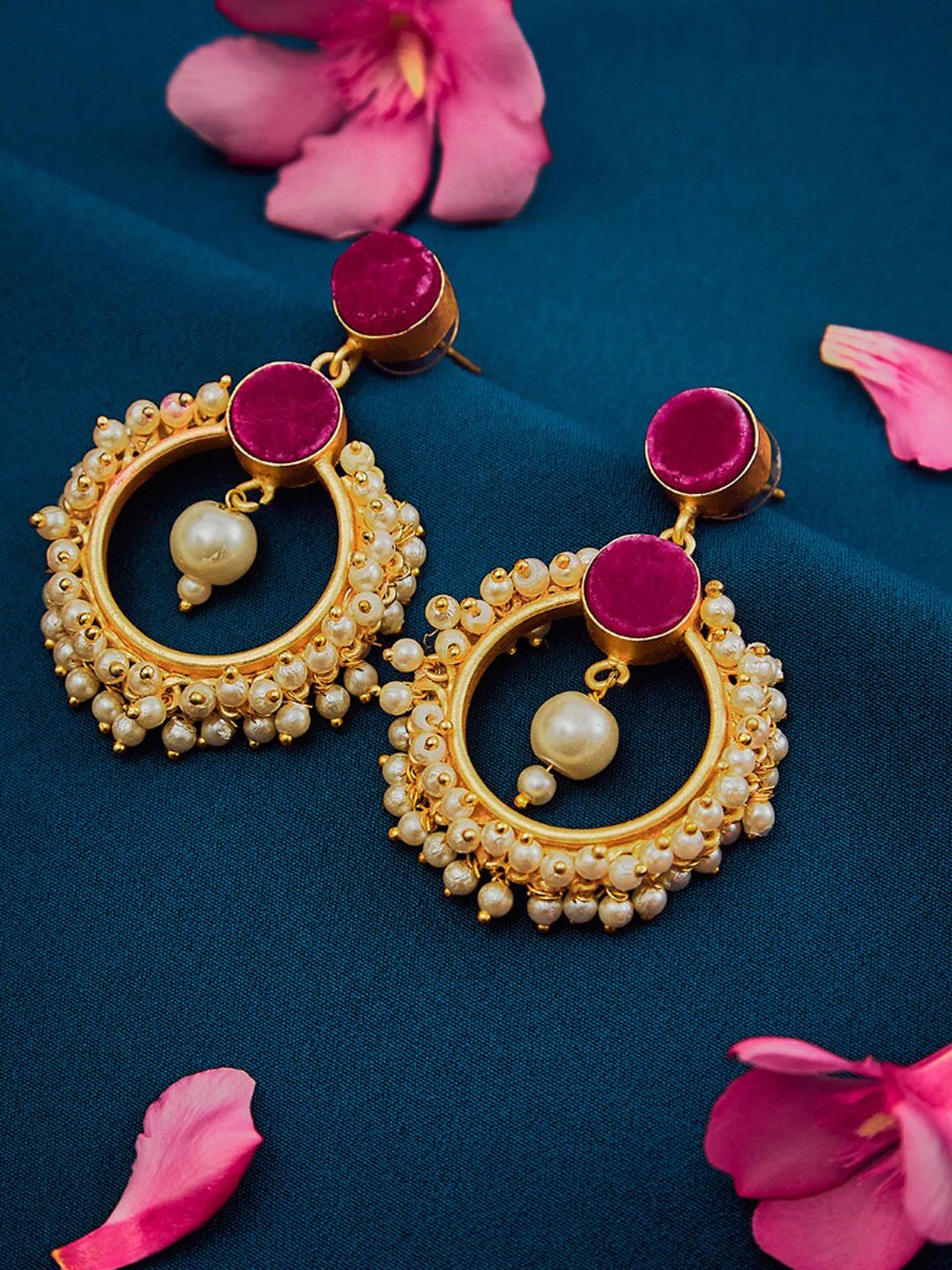 

SOHI Gold-Plated Burgundy & White Stone Studded & Pearls Contemporary Drop Earrings