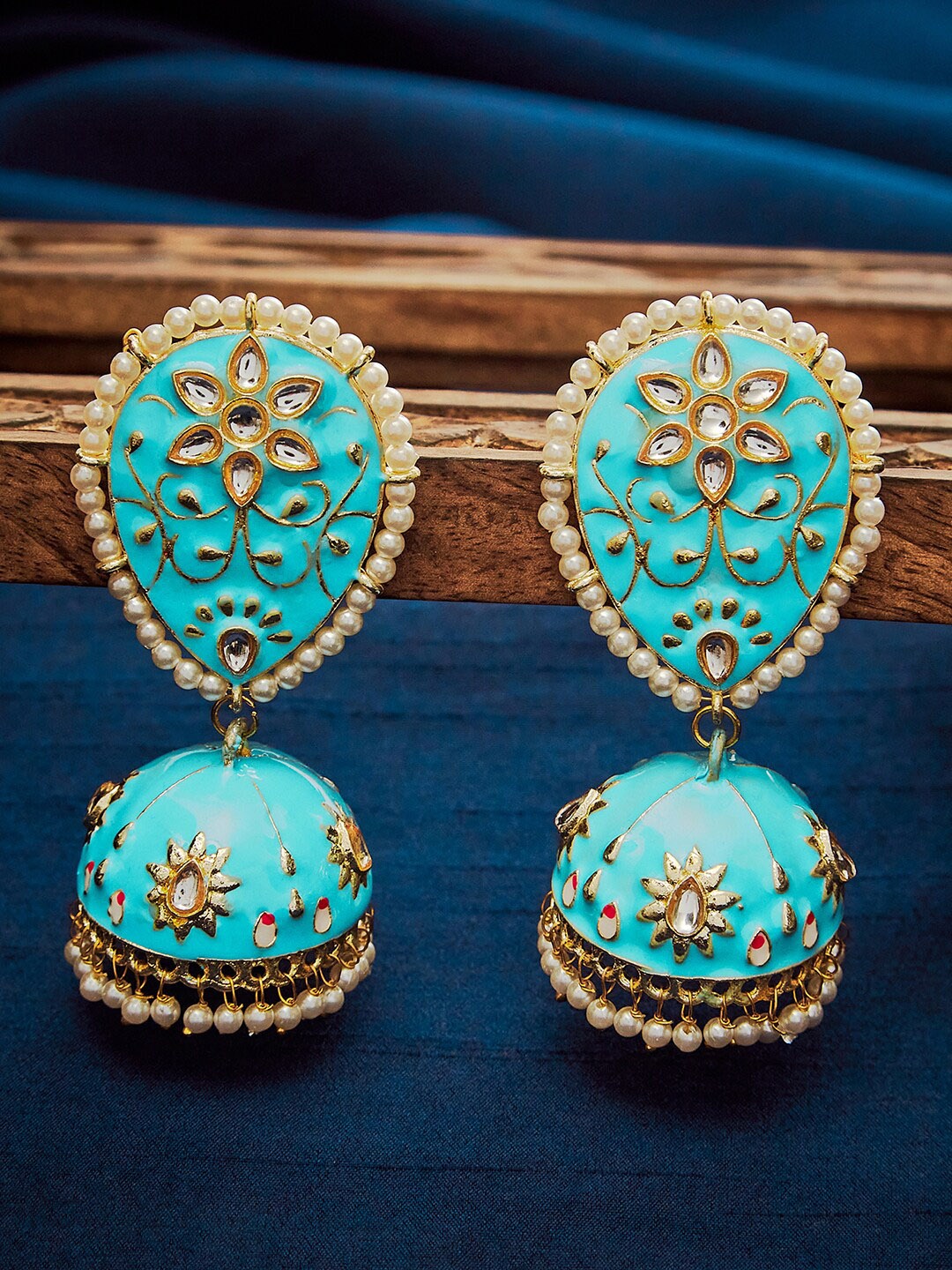 

SOHI Blue & Gold-Toned Meenakari Contemporary Jhumkas Earrings