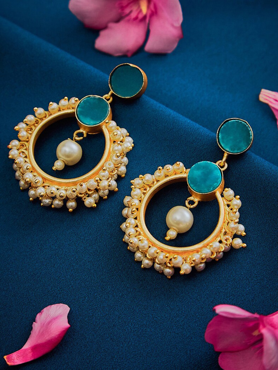 

SOHI Gold-Plated Turquoise Blue & White Stone Studded & Pearls Drop Earrings