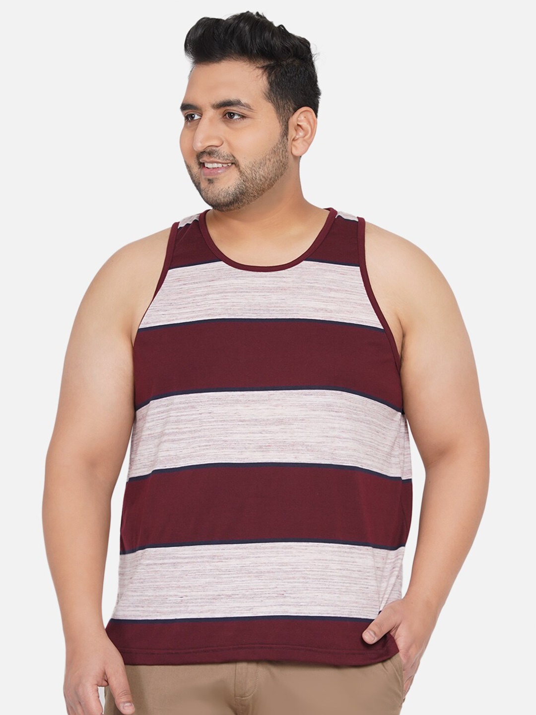 

John Pride Plus Size Men Maroon & White Striped Bio Finish Sleeveless Tank T-shirt