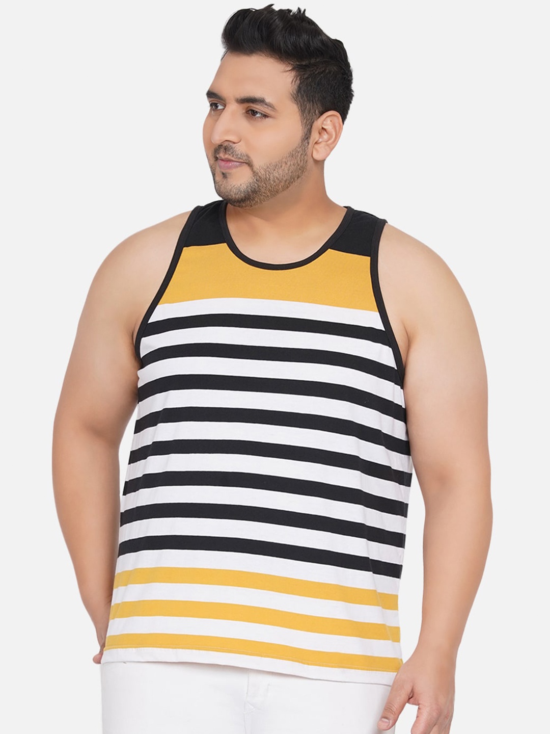 

John Pride Men Yellow Striped Bio Finish T-shirt