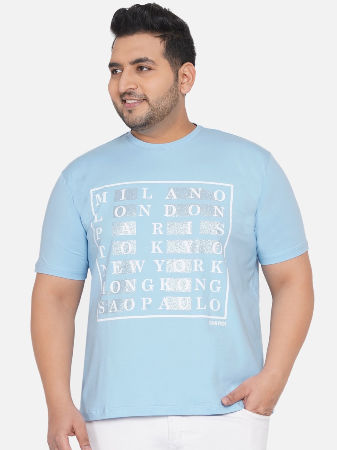 

John Pride Men Plus Size Blue & White Typography Printed Bio Finish Outdoor T-shirt