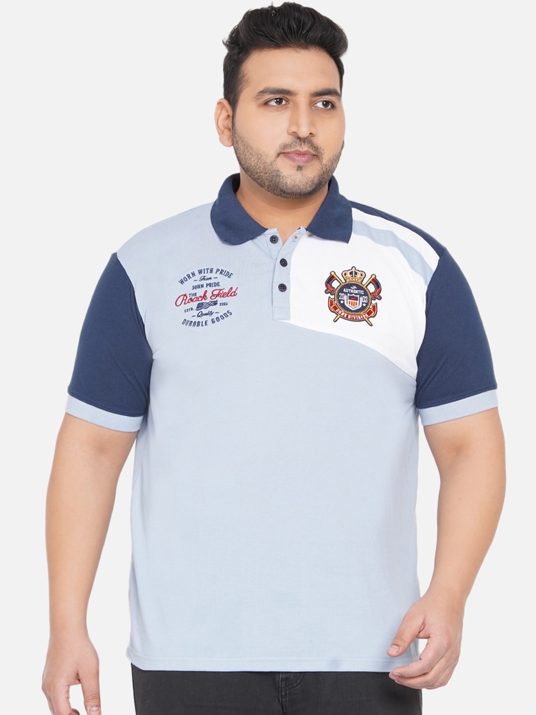 

John Pride Men Plus Size Blue & White Colourblocked Polo Collar Bio Finish T-shirt