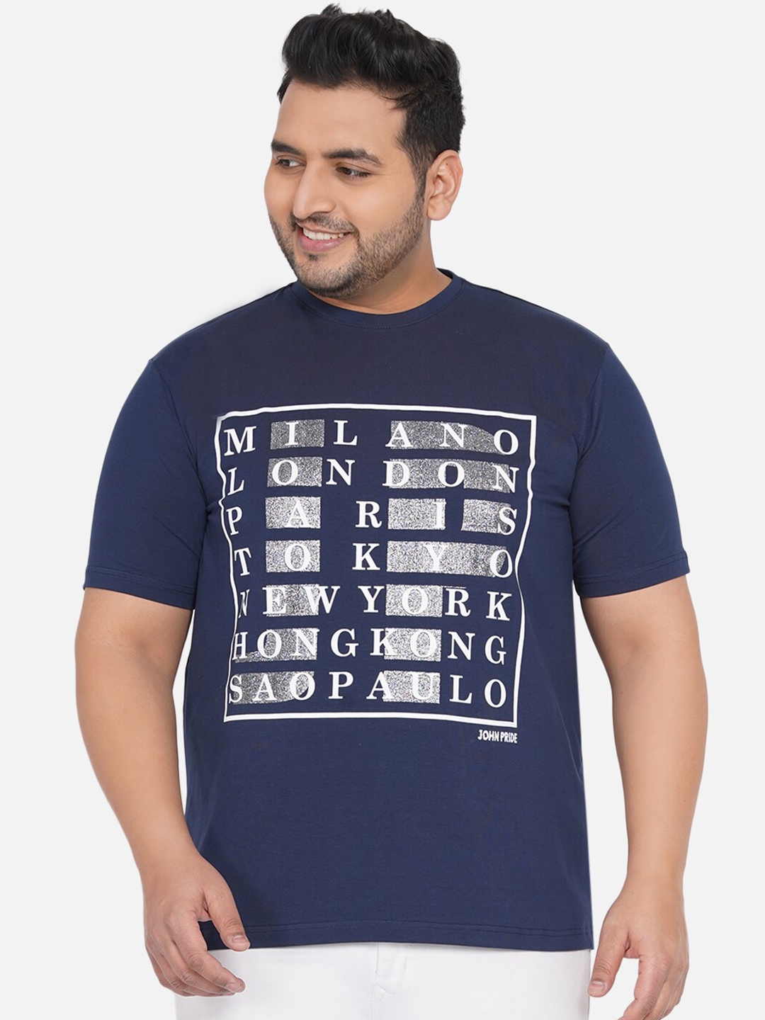 

John Pride Plus Size Typography Printed Bio Finish T-shirt, Navy blue