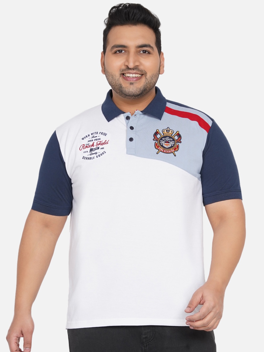 

John Pride Plus Size Colourblocked Polo Collar Bio Finish Outdoor T-shirt, White