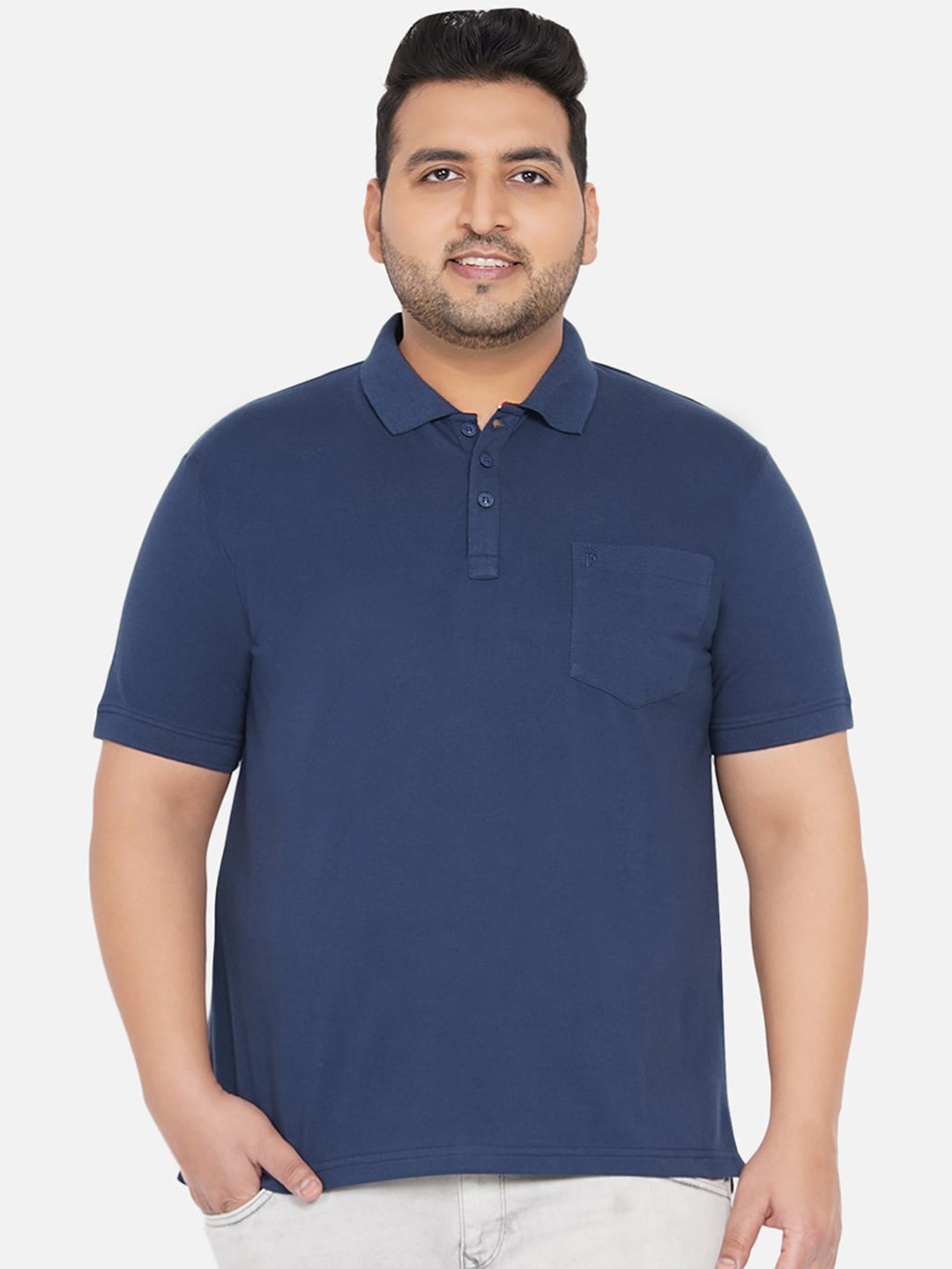 

John Pride Men Plus Size Navy Blue Polo Collar Bio Finish Outdoor Cotton T-shirt