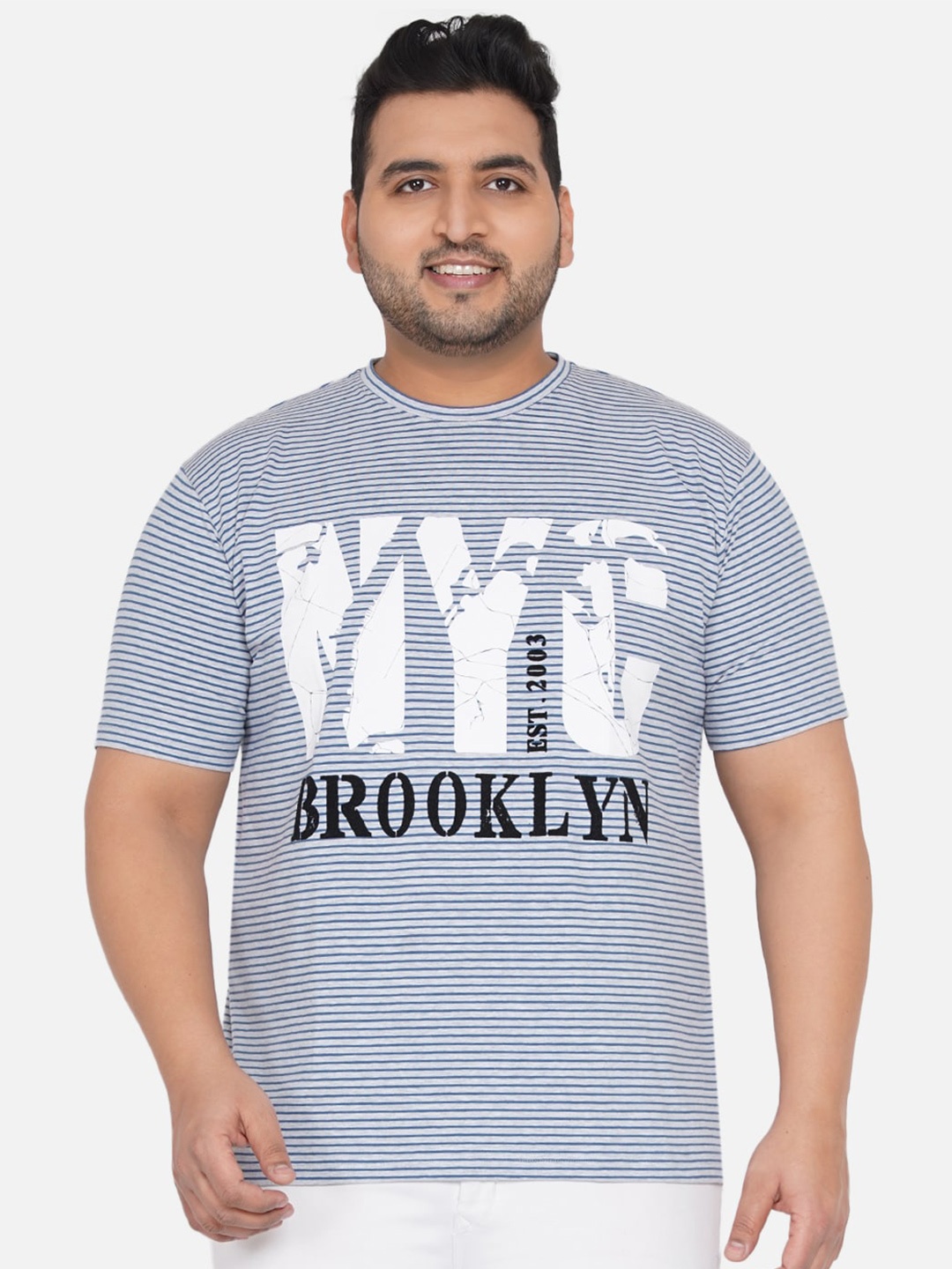 John Pride Plus Size Men Blue & White Sports Striped Bio Finish T-shirt