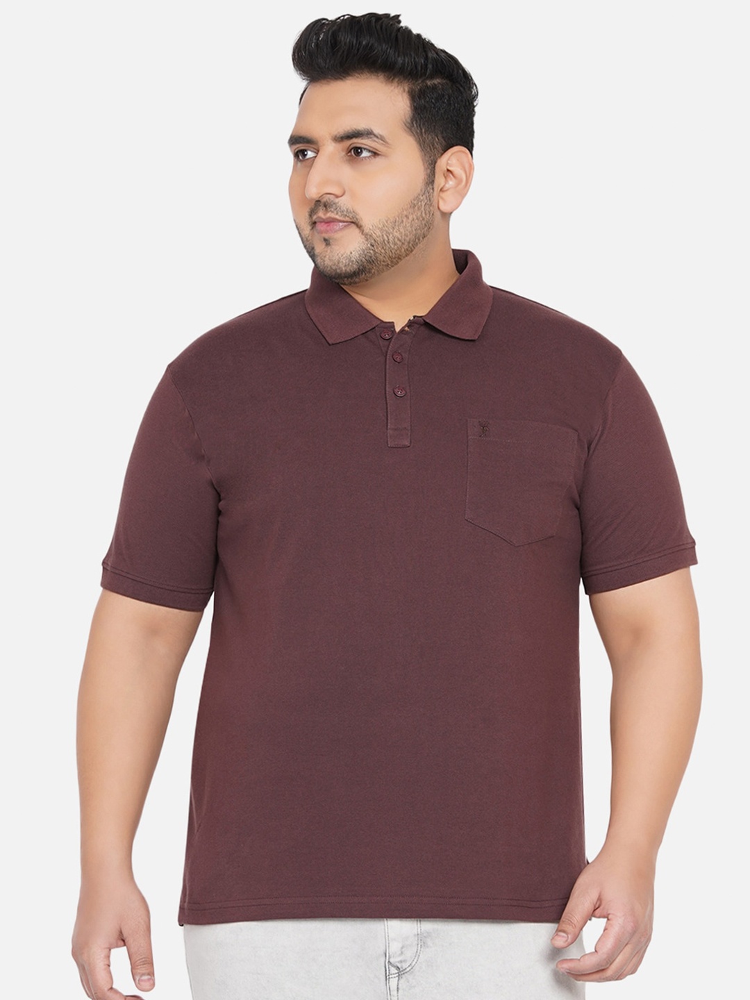 

John Pride Men Plus Size Brown Polo Collar Bio Finish Outdoor Cotton T-shirt
