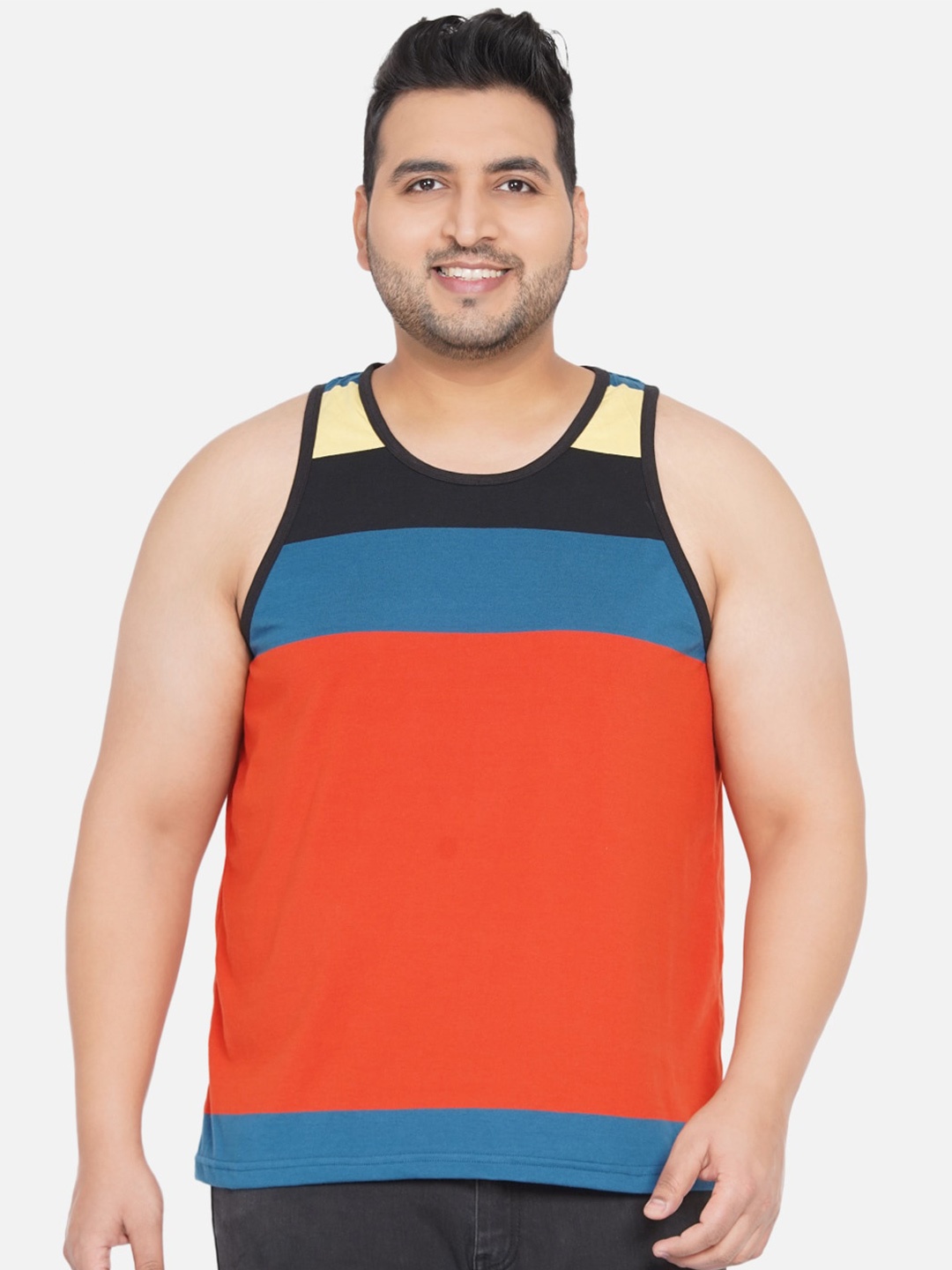 

John Pride Men Plus Size Orange & Blue Colourblocked Striped Bio Finish Tank T-shirt