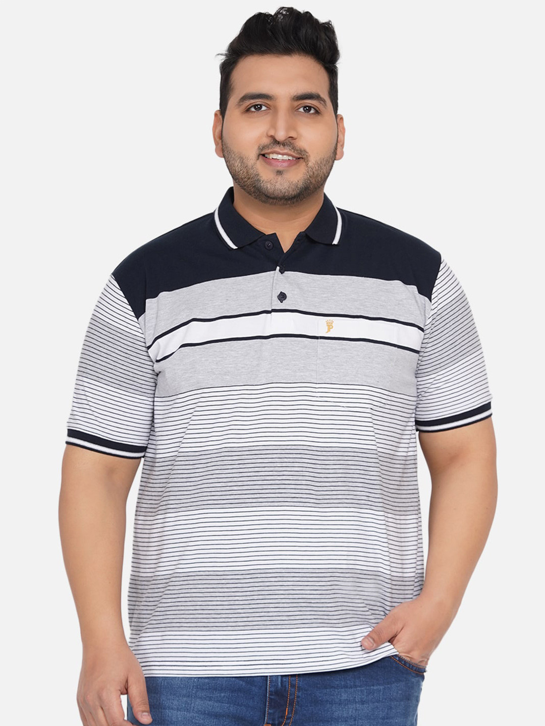 

John Pride Men Plus Size Grey Striped Polo Collar Bio Finish Outdoor Cotton T-shirt