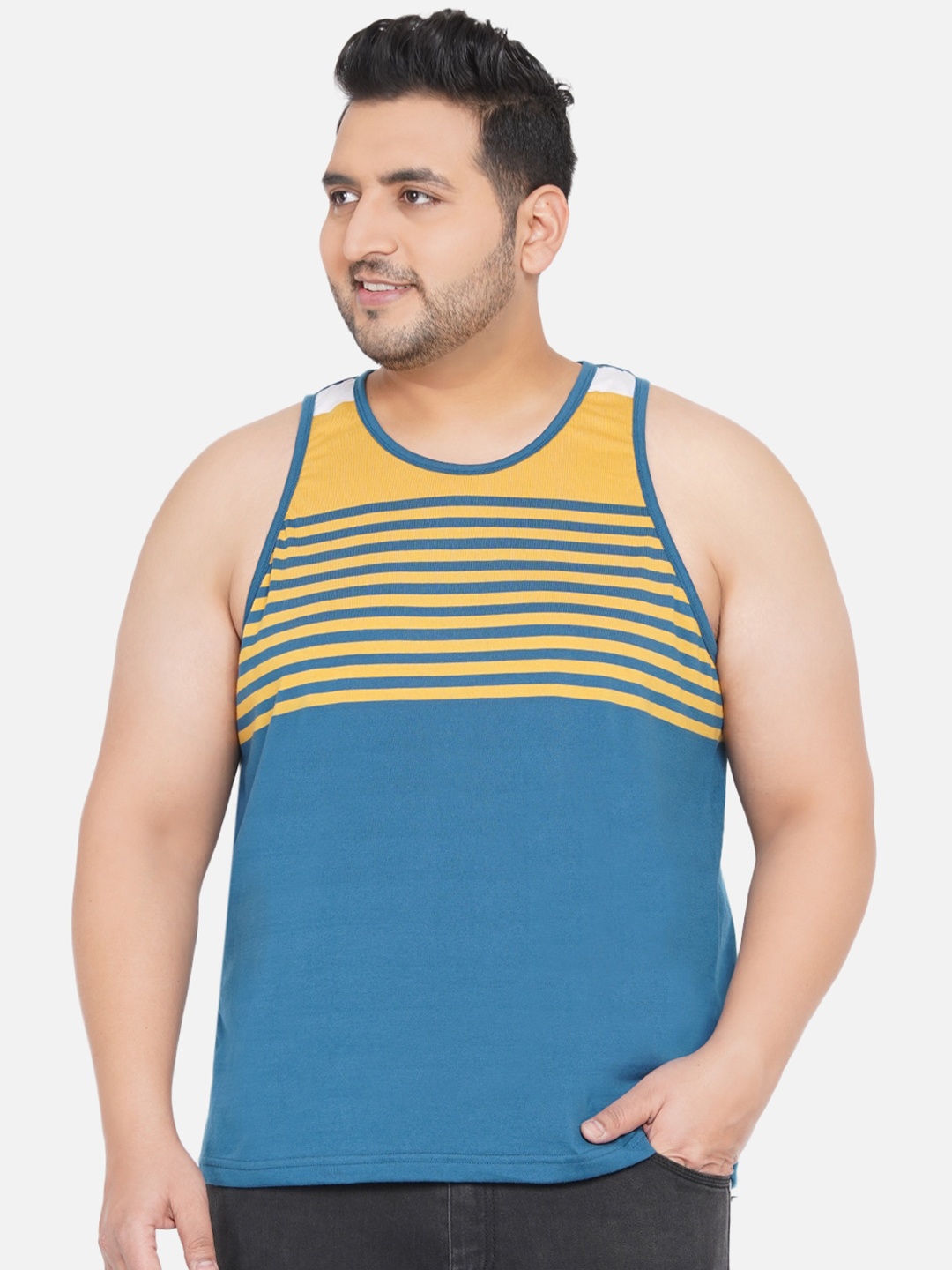 

John Pride Plus Size Men Blue & Yellow Striped Sleeveless Bio Finish Tank T-shirt