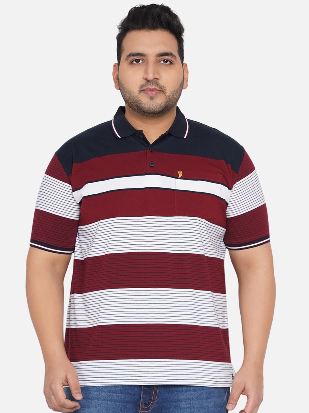 

John Pride Men Plus Size Maroon & White Striped Polo Collar Bio Finish Pure Cotton T-shirt