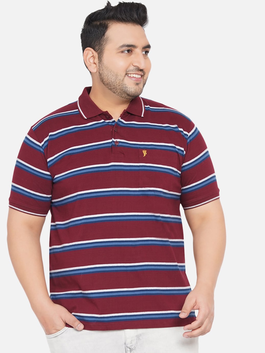 

John Pride Plus Size Striped Polo Collar Bio Finish T-shirt, Maroon