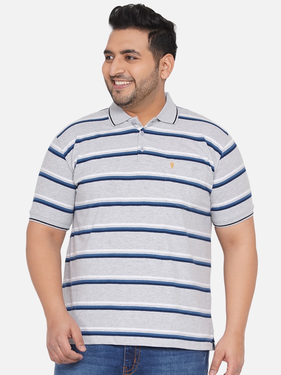 

John Pride Men Plus Size Grey & Blue Striped Polo Collar Bio Finish T-shirt