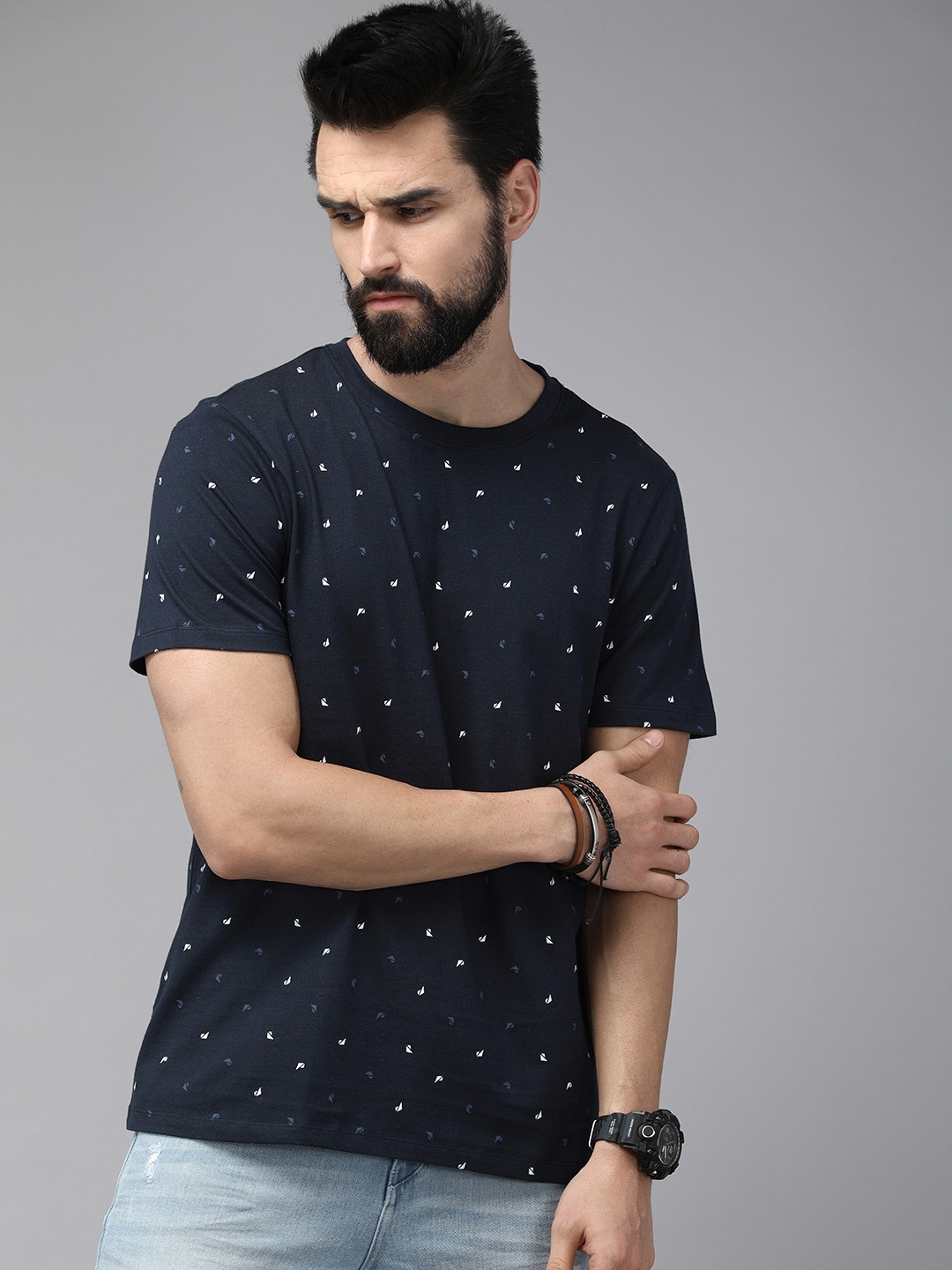 

The Roadster Lifestyle Co Men Navy Blue Printed Pure Cotton T-shirt