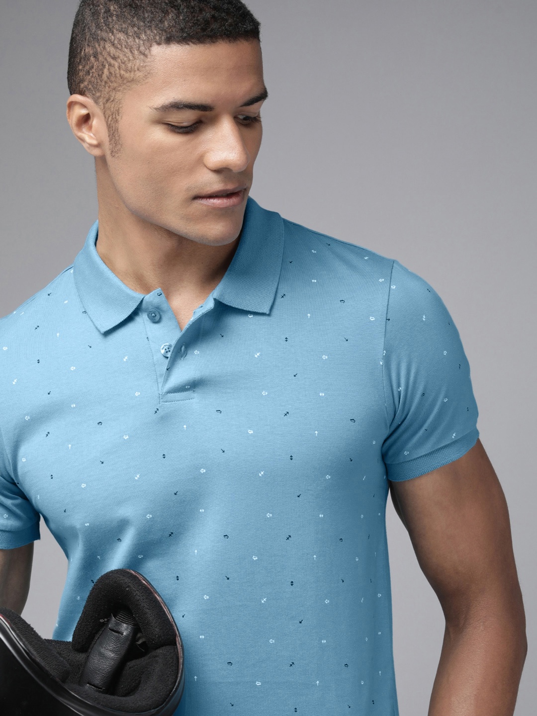 

The Roaster Lifestyle Co. Men Blue & White Printed Pure Cotton Polo Collar T-shirt