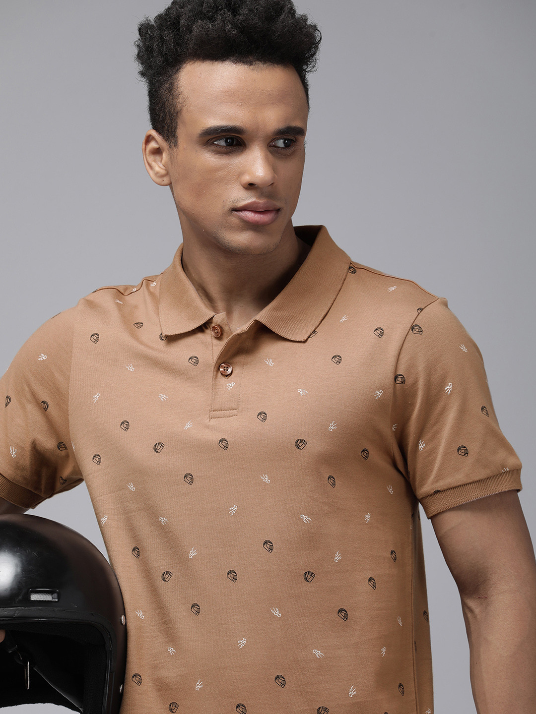 

The Roadster Lifestyle Co. Men Brown Printed Polo Collar Slim Fit Pure Cotton T-shirt