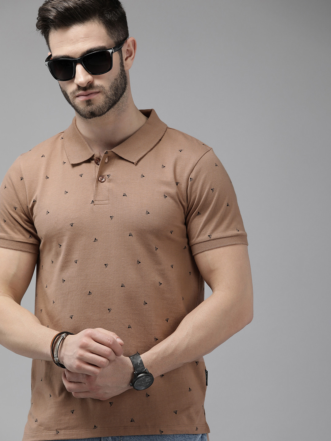 

The Roadster Lifestyle Co. Men Brown & Black Printed Pure Cotton Polo Collar T-shirt