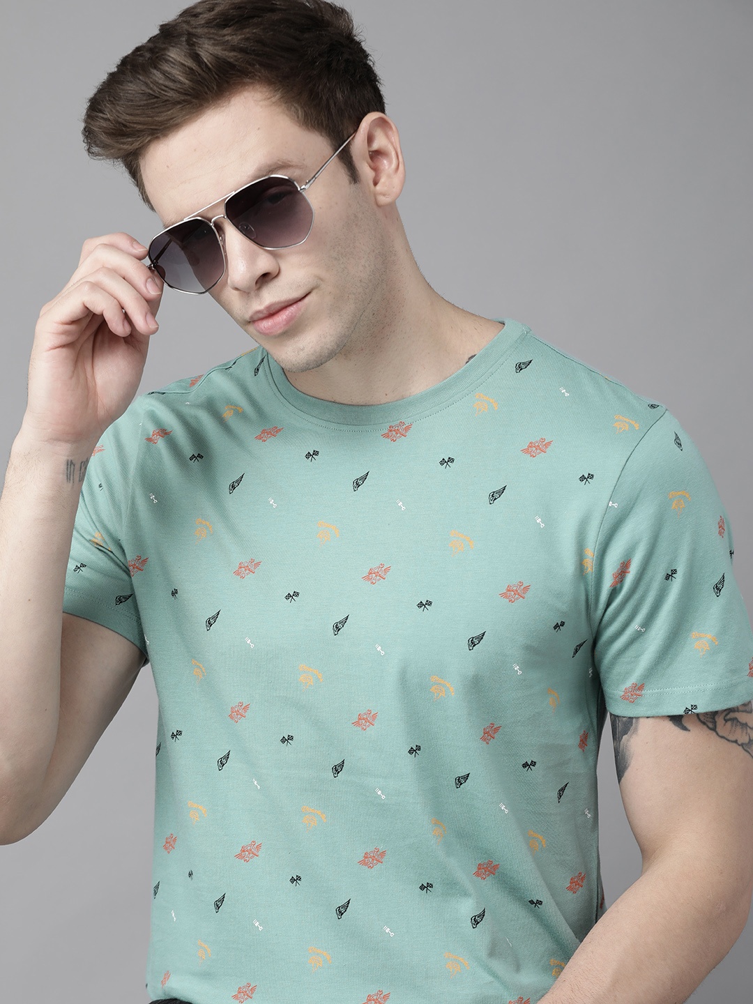 

Roadster Men Sea Green Printed Pure Cotton T-shirt