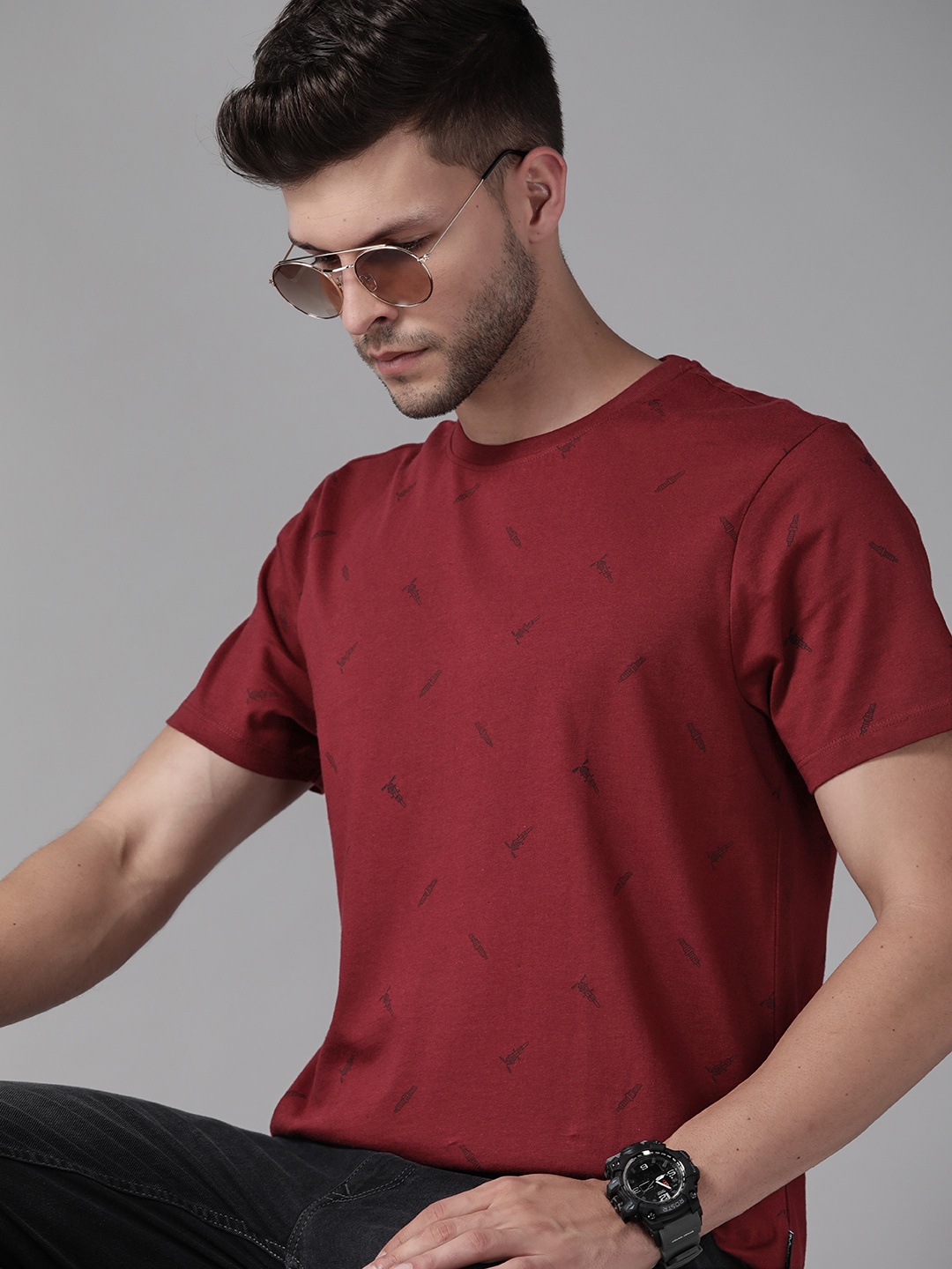 

Roadster Men Maroon & Black Biker Printed Pure Cotton T-shirt