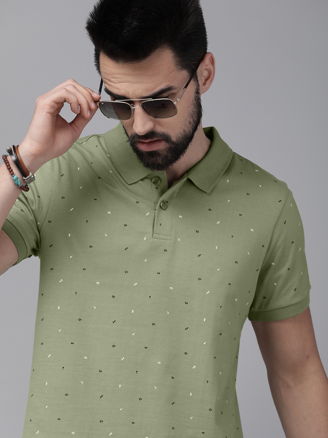 

Roadster Men Olive Green Printed Polo Collar Pure Cotton T-shirt