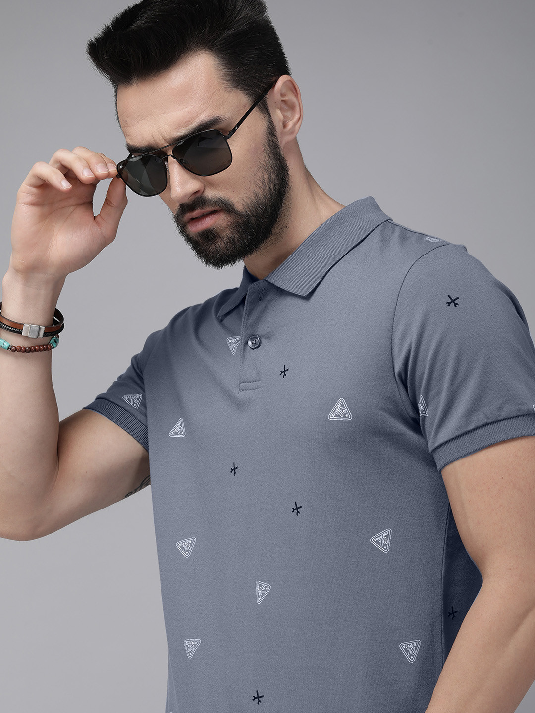 

The Roadster Lifestyle Co. Men Grey Printed Polo Collar Slim Fit Pure Cotton T-shirt