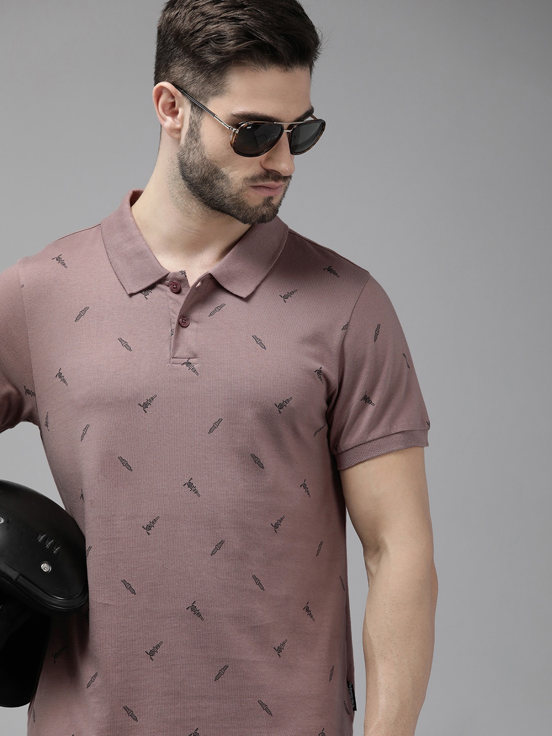 

The Roadster Lifestyle Co Men Mauve Printed Pure Cotton Polo Collar T-shirt