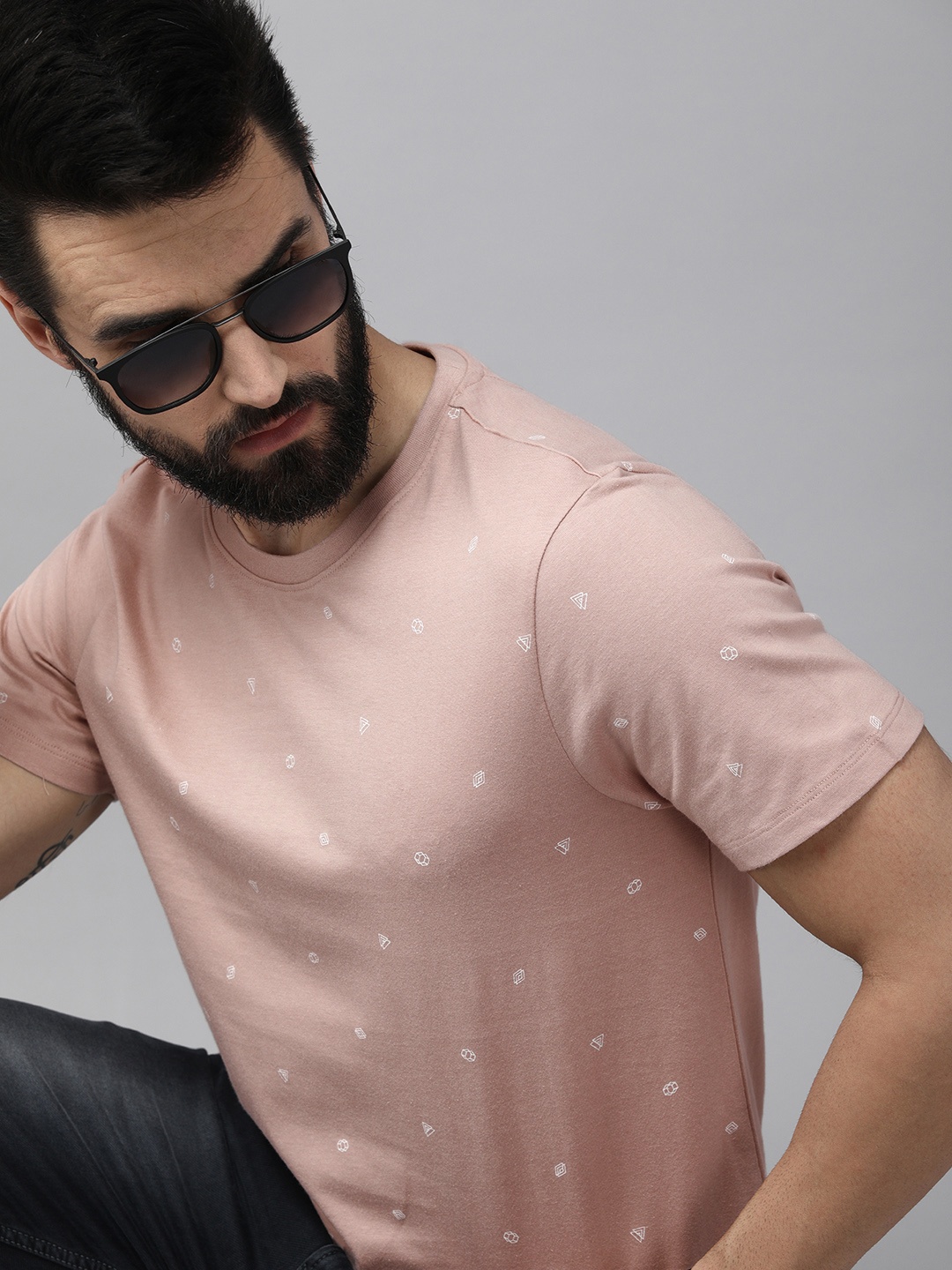 

Roadster Men Dusty Pink Printed Pure Cotton T-shirt, Rose