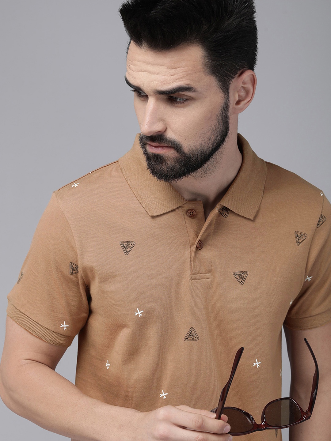 

The Roadster Lifestyle Co Men Camel Brown Printed Polo Collar Pure Cotton T-shirt