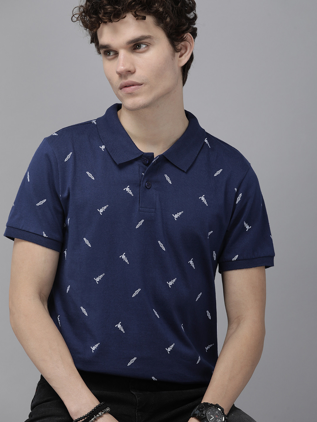 

The Roadster Lifestyle Co Men Navy Blue Biker Printed Polo Collar Pure Cotton T-shirt