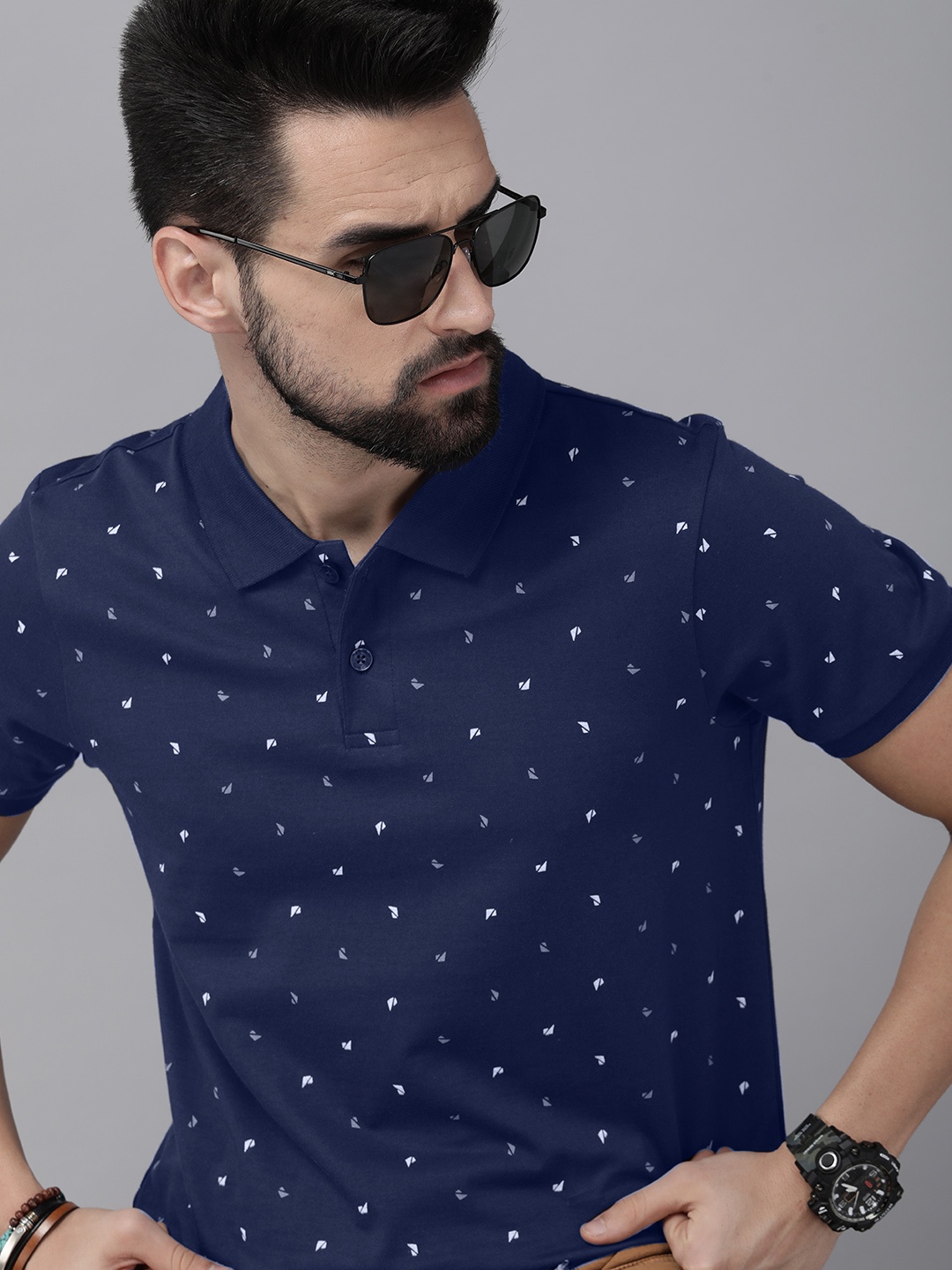 

The Roadster Lifestyle Co. Men Navy Blue Printed Polo Collar Slim Fit Pure Cotton T-shirt
