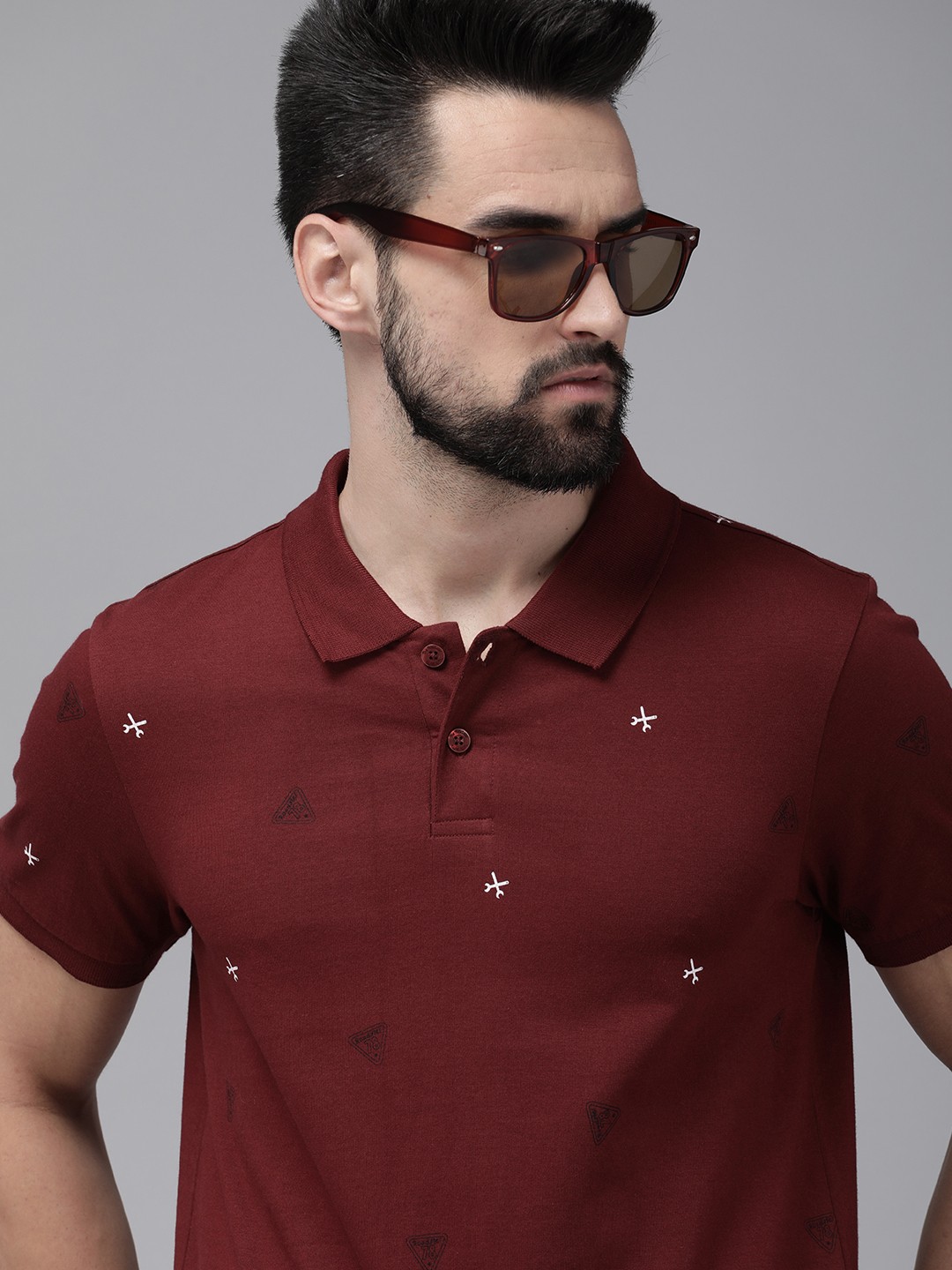 

Roadster Men Maroon Printed Polo Collar Pure Cotton T-shirt