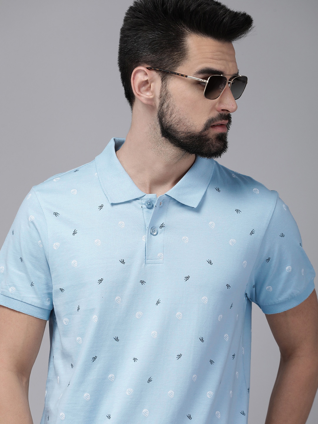 

Roadster Men Light Blue Geometric Printed Polo Collar Pure Cotton T-shirt