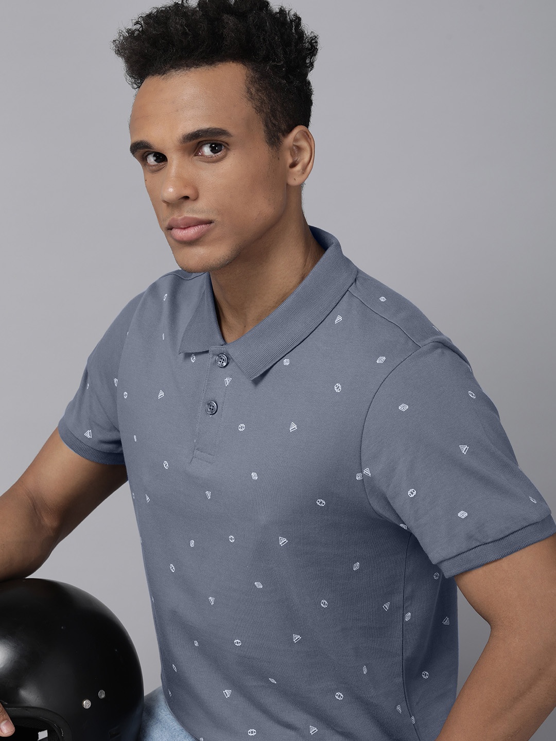 

The Roadster Lifestyle Co. Men Grey Printed Polo Collar Pure Cotton Casual T-shirt