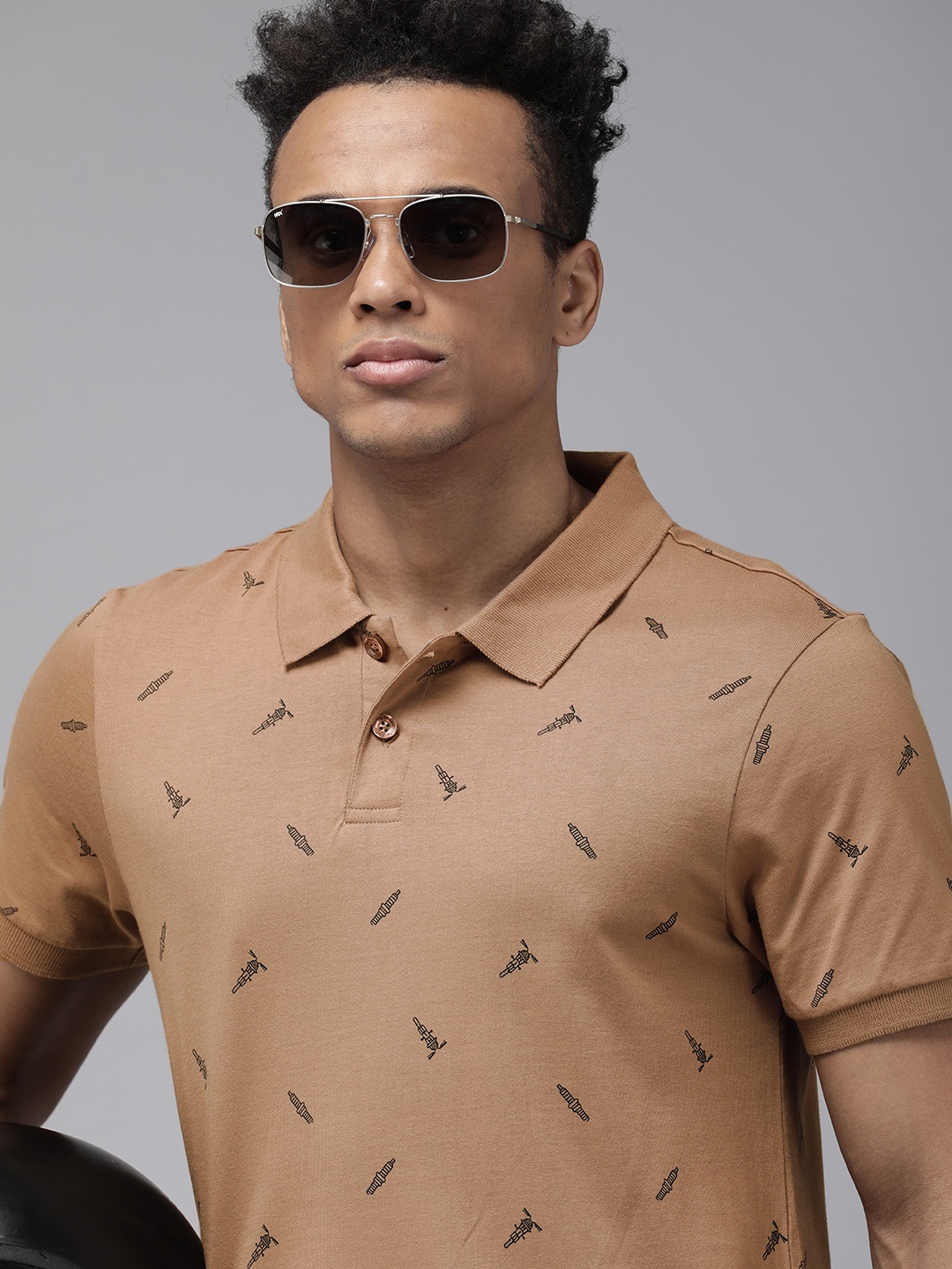 

Roadster Men Brown Printed Polo Collar Pure Cotton T-shirt